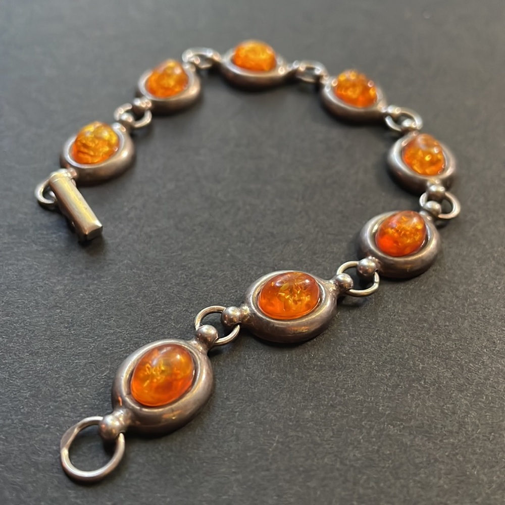 Genuine Amber Gemstone Cabochon Set in Sterling Silver Link Bracelet w/ Clasp